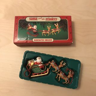 Early 1986 Hallmark Santa And His Reindeer Keepsake Ornament Double Hook Vtg