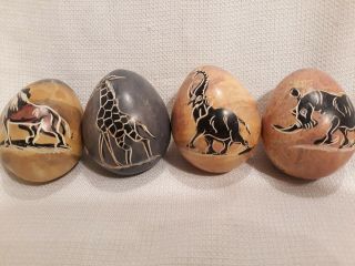 Soapstone Egg Hand Painted African Motif Decorative Made In Kenya Set Of 4