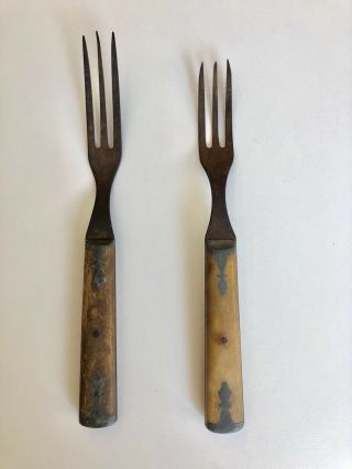 Set Of 2 Antique Civil War Era Bone Handle 3 Tine Forks With Pewter Inlay