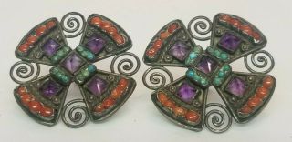 Vintage Matl Salas Mexico Sterling Silver Amethyst Turquoise Coral Earrings