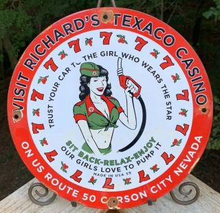 Vintage Richards Texaco Casino Gasoline 11 3/4 " Porcelain Gas & Oil Sign Nevada