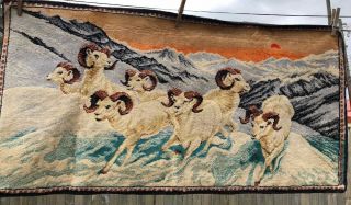 Vintage Velvet Tapestry Mountain Goat Rug Wall Hanging 38x19 Made In Italy