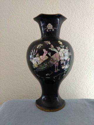 Oriental Black Lacquer Mother Of Pearl Inlay Fluted Large Brass Vase Peacocks