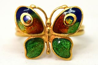 Vintage 18k Solid Gold Enamel Rainbow Butterfly Ring Size 5
