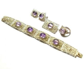 Antique Chinese Amethyst Bracelet,  Ring,  Brooch And Earrings Set