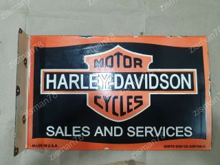 Harley Davidson Sales Service 2 Sided Vintage Porcelain Sign 16 X 10 Inches Flan