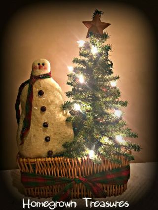 Christmas Primitive Snowman& Lighted Tree In A Basket