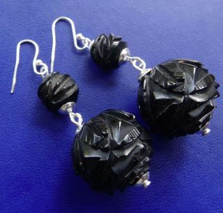 Antique Victorian Whitby Jet & Silver Carved Flower Bead Pierced Earrings - C445