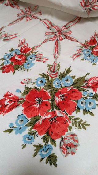 Vtg Floral Blue Grey Red W/ Large Red Bows Repeat Design Cotton Tablecloth 58x56