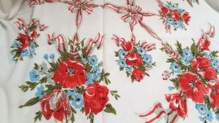 Vtg Floral Blue Grey Red w/ Large Red Bows Repeat Design Cotton Tablecloth 58x56 2