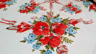 Vtg Floral Blue Grey Red w/ Large Red Bows Repeat Design Cotton Tablecloth 58x56 3