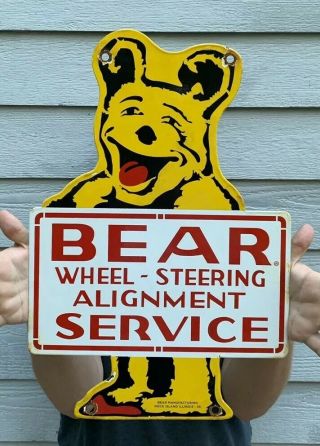 Vintage 1955 Dated Double Sided Bear Service Porcelain Metal Gas Oil Sign