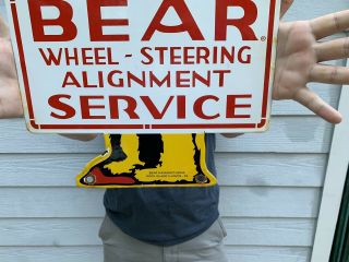 VINTAGE 1955 DATED DOUBLE SIDED BEAR SERVICE PORCELAIN METAL GAS OIL SIGN 3