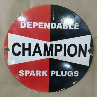 Champion Dependable Spark Plugs Vintage Porcelain Sign 24 Inches Round