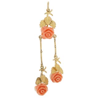Carved Coral Vintage Floral Drop Pendant - 14k Yellow Gold Roses & Etched Leaves