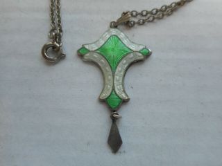 Vintage Guilloche Enamel Necklace Sterling Green On White