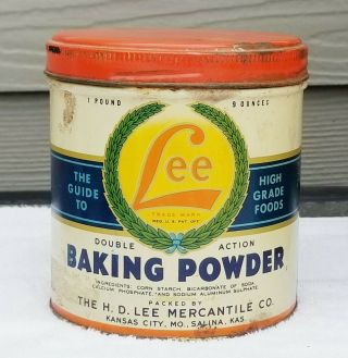 Vintage H.  D.  Lee Tin Baking Powder Tin Can 1 Lb 9 Oz.  Kansas City Salinas Ks
