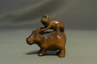 Wooden Hippopotamus And Monkey Netsuke Japanese Antique Vintage Japan Inro Ojime