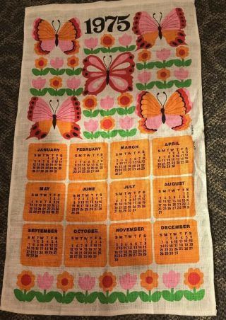 Vintage 1975 Linen Tea Towel Calendar Butterflies Flowers Orange Pink Red Wall