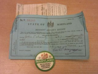1932 Maryland Resident Anglers / Fishing License Pin Back Button With Paperwork