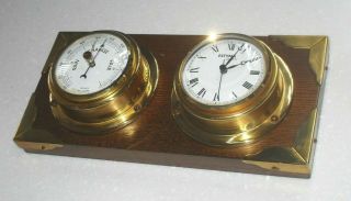 Vintage 1970s Estyma Ships Brass Bulkhead Barometer & Clock On Oak Plaque