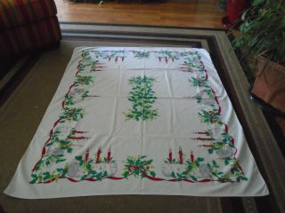 Vintage 70 Year Old Cotton 51 X 60 Christmas Table Cloth Yule Log Poinesettias