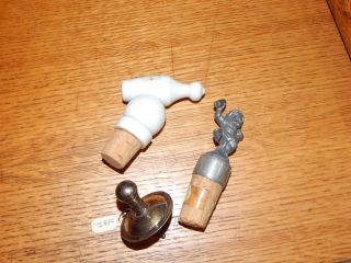 3 Antique Bottle Stoppers Pewter,  Porcelain & Sterling Silver Cork Gnome