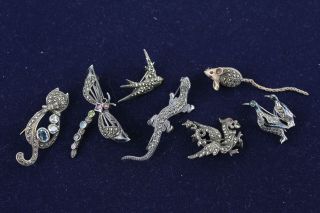 7 X Vintage.  925 Sterling Silver Marcasite Animal Brooches Inc.  Cat,  Mouse (35g)