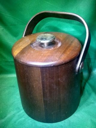 Vintage Vermillion Walnut Mid - Century Danish Style Wooden Ice Bucket W/ Insert