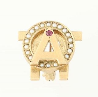 Alpha Omicron Pi Badge Ruby Pearls 10k Gold Vintage Sorority Greek Society Pin
