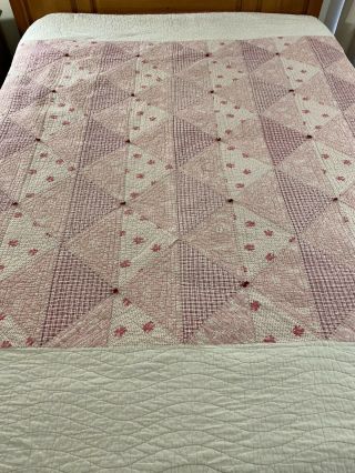 Vintage Hand Quilted Red White Triangles Quilt 89 " X 85 "