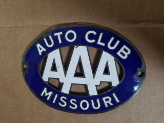 Aaa Auto Club Missouri Porcelain License Plate Topper Sign Emblem Gas Oil Car