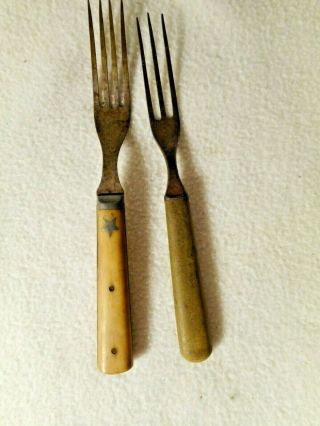 2 Antique Civil War Era Forks - Pewter Inlay Of A Star - 4 Tine & 3 Tine Forks