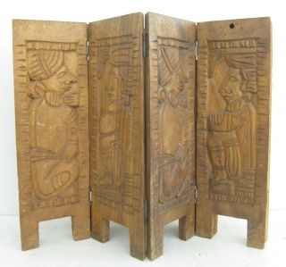 2 Vtg Hand Carved Asian Indonesian Tribal Wood Sculpture Folding Screen 18x22