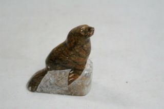 Alaskan Inuit Soapstone Carved Seal On Rock Sculpture Artist Signed