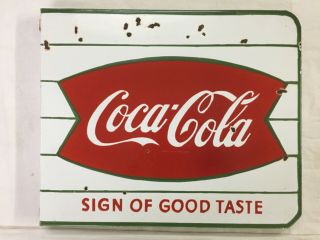 Vintage Porcelain Coca - Cola Fishtail 18”x15” Double Sided Flange Enamel Sign.