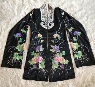 Antique Vtg Chinese Silk Embroidered Floral Robe Jacket Long Sleeves Stamped