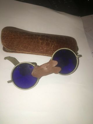 1900s Vintage Rare Round Cobalt Blue Welding Glasses/goggle W/ Leather Case