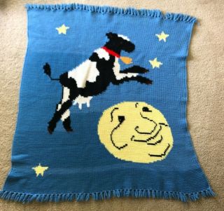 Vintage Hey Diddle Diddle Cow Crochet Knit Afghan Throw Crib Blanket Handmade