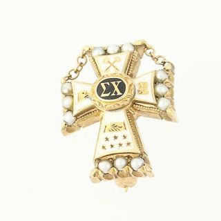 Sigma Chi Cross Badge 14k Yellow Gold Pearls Vintage Fraternity Pin Greek