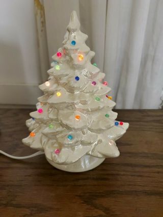 Vintage Ceramic Christmas Tree Mother Of Pearl White Glaze 7 1/2 " Tall