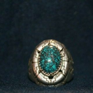 Vintage Navajo Spider Web Turquoise And Silver Ring Size 11.  0 Signed Fb
