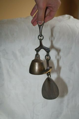 Vintage Us Richard Fisher Solid Bronze Bell And Wood Wind Chime - Maine 2 " B1
