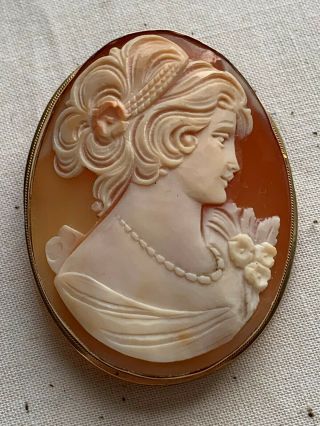 Antique Victorian Large 14k Gold & Hand Carved Shell Cameo Brooch Pendant C.  1900