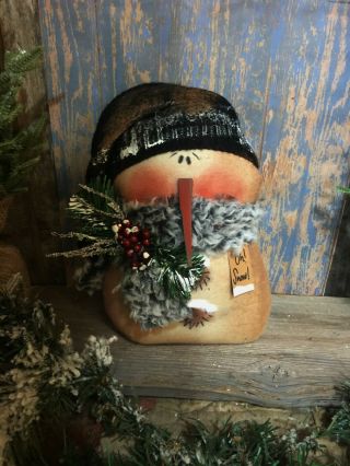 Primitive 11x7in Fat Black Hat Snowman Fabric Handmade Country Old Rusty Doll