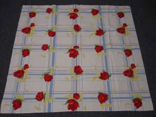 Vintage Blue & White Cotton Kitchen Tablecloth W Red Tulips 46 " X 42 "