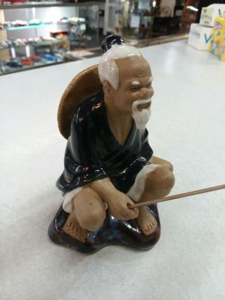 Vintage Oriental Chinese Mud Man Figurine Fishing Pole Line Fish 2