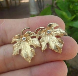 Vintage Estate Diamond 14k Gold Maple Leaf Stud Earrings 3.  36 Gr 22 Mm