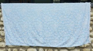 Vintage Blue White Chenille Bed Spread Floral With Pom Pom Fringe 110 " X 96 "