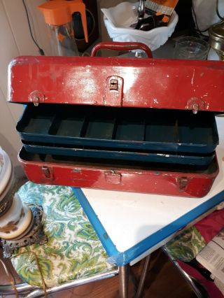 Old Red Metal Tool Box / Tackle Box Vintage Chippy Paint,  Decor,  All Metal